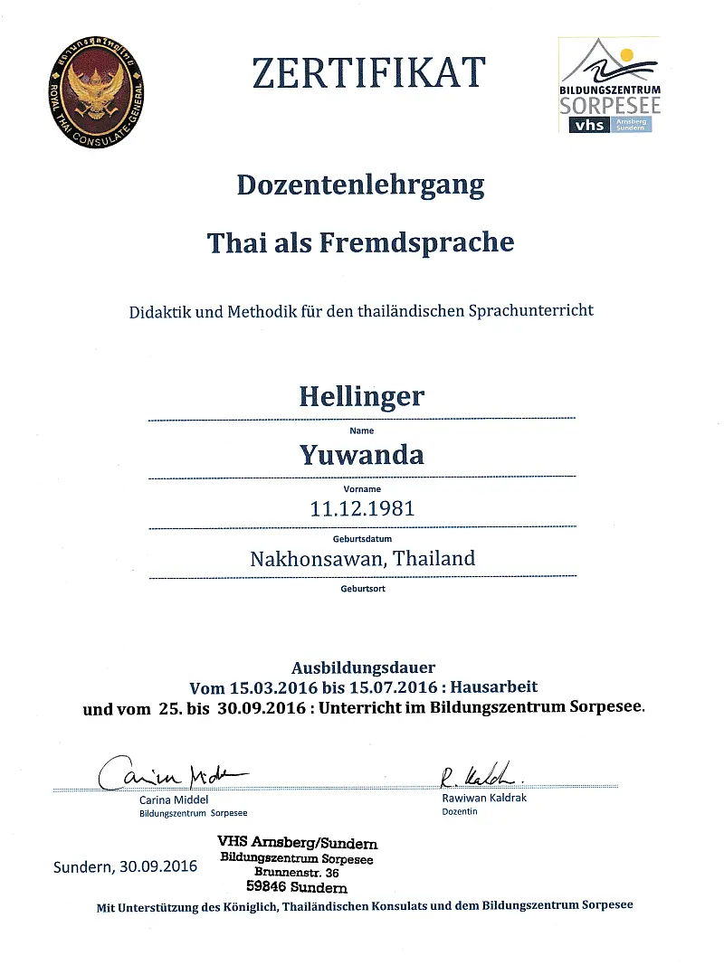 Zertifikat über die erfolgreiche Teilnahme am Dozentenlehrgang Thai als Fremdsprache